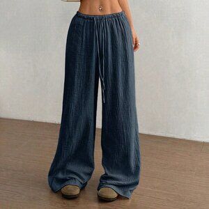 Navy Blue Casual Women's Ultra Low-Rise Cotton Straight Leg Pants